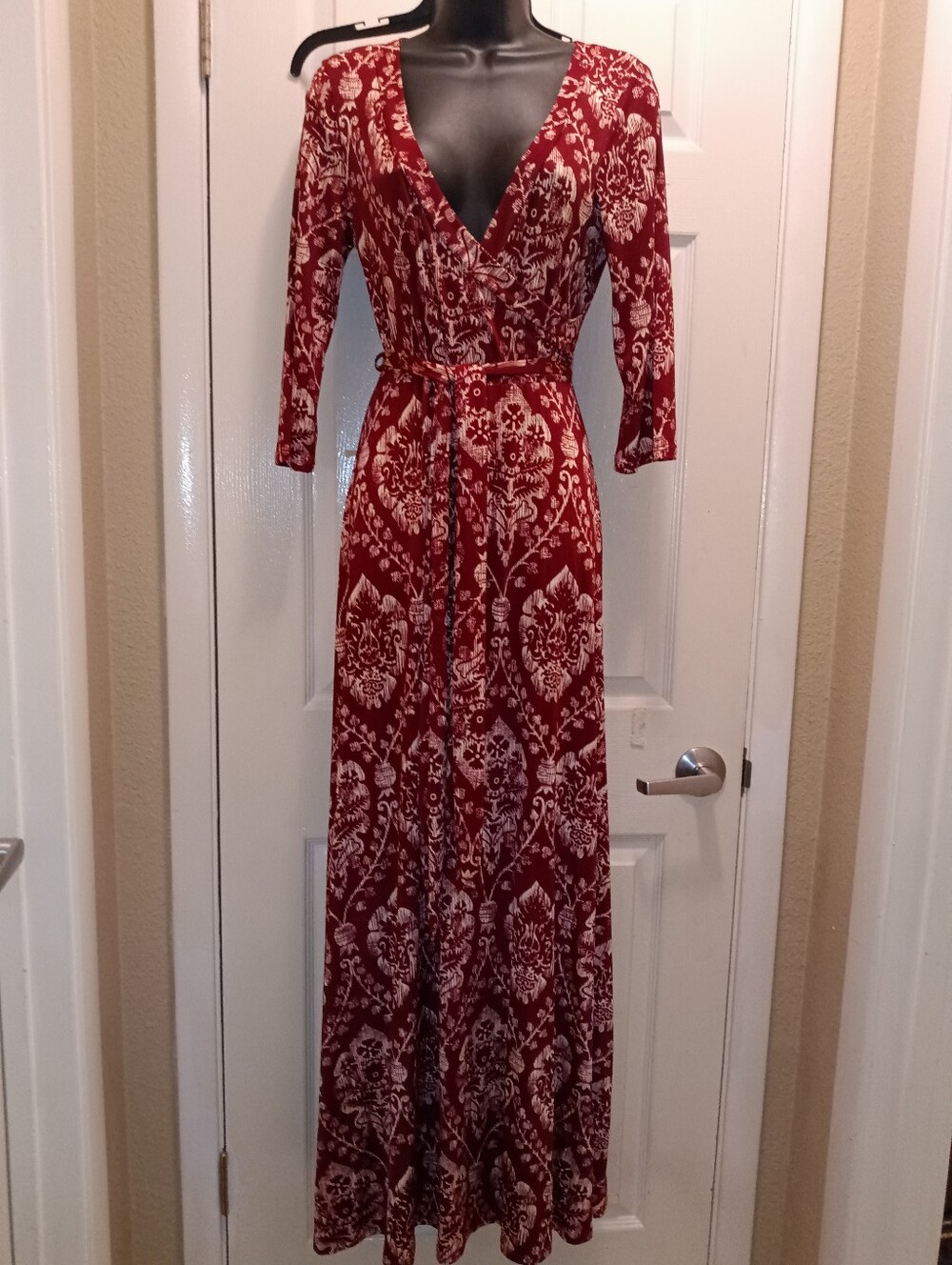 Red Printed Wrap Maxi Dress with Tie Waist